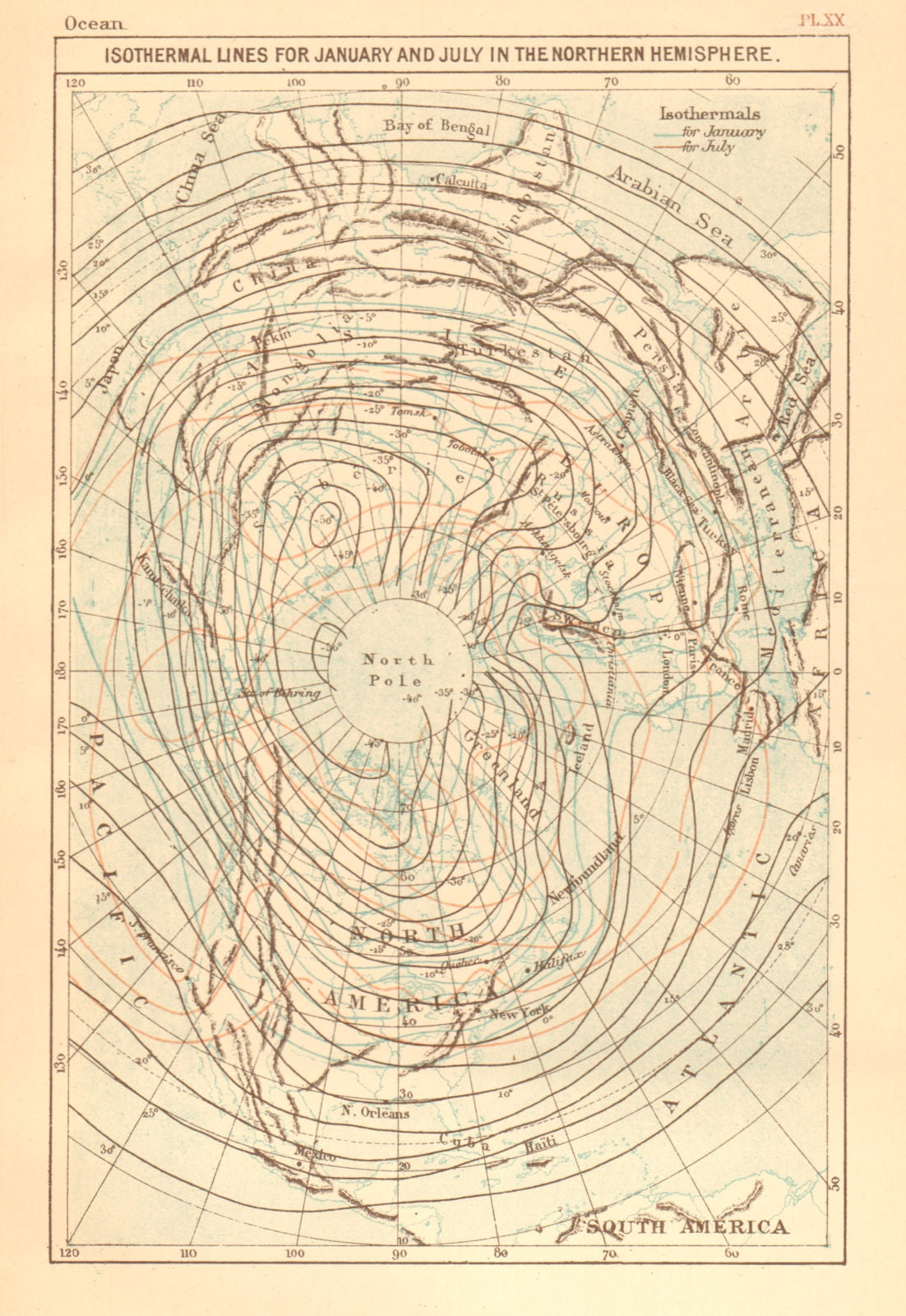 Isothermal Lines January & July Northern Hemisphere. Arctic North Pole 1886 map